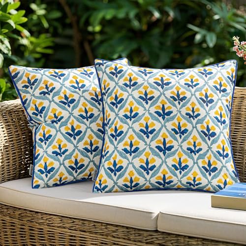 MIULEE Pack of 2 Decorative Outdoor Waterproof Throw Pillow Covers Flower Print Chic Boho Accent Pillow Covers for Square Garden Patio Cushion 20x20 Inch, Light Yellow Blue - color: Light Yellow Blue, size: 20" x 20" (Pack of 2)