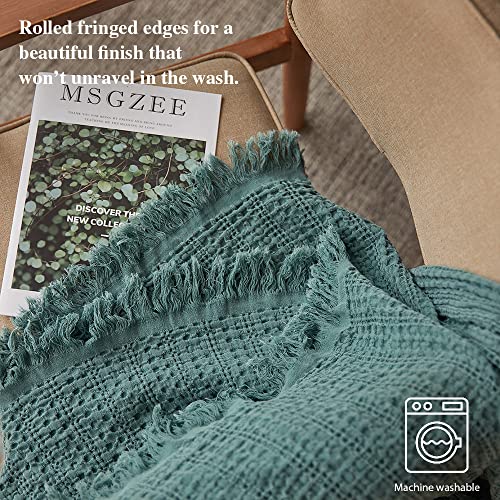 Simple&Opulence 100% Cotton Throw Blanket for Couch, Bed, Waffle Weave Cable Knit Blanket with Tassels, Soft Lightweight Pre-Washed Breathable Cozy Blanket Farmhouse Decoration for All-Season (Green) - color: Dark Green