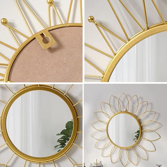 Gold Mirrors for Wall - Metal Sunburst Wall Mirror Room Decor & Home Decor, Boho Mirror Wall Decor Gifts for Women & Moms (Medium, Flower)