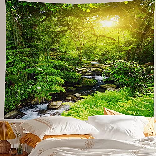 Llamazing Forest Tapestry - Home Decor Landscape for Living Room & Bedroom (Forest Creek, 60''L51''W) - color: Green Sun, size: 60"L x 51"W