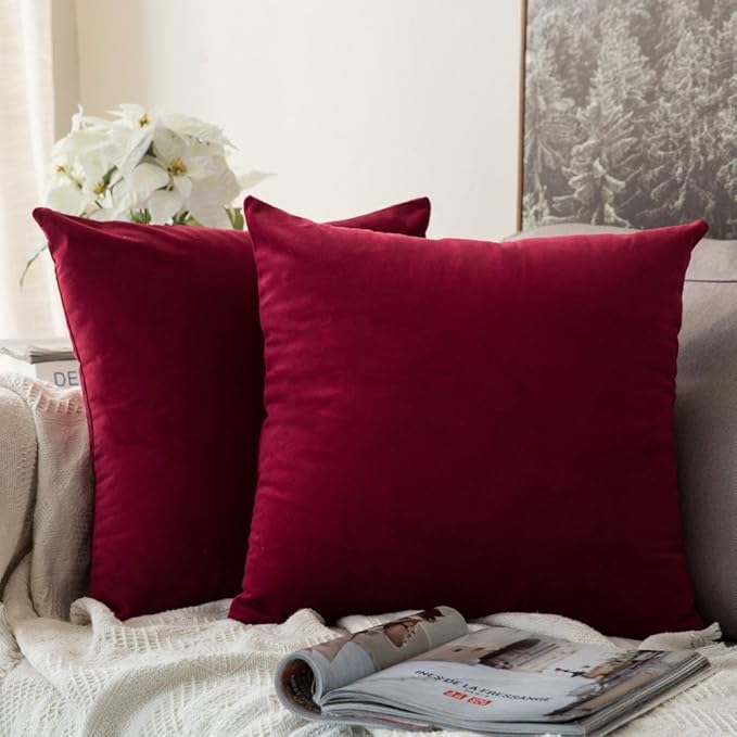 MIULEE Pack of 2 Velvet Soft Solid Decorative Square Throw Pillow Covers Cushion Case for Sofa Bedroom Couch,20x20 Inch Wine Red