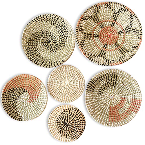 Boho Wall Basket Decor Set of 6 - Hanging Woven Basket Wall Decor, Handcrafted Round Flat Seagrass Baskets Wall Art, for Modern、Farmhouse、Home - Unique Modern Wall Basket Decor - style: Modern Classics