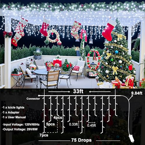 Icicle lights Outdoor - 33ft Christmas Lights with 400LED 75 Drops 8 Modes, Plug in Curtain String Lights Waterproof for Holiday Wedding Party Home Garden Bedroom Indoor Outdoor Decoration, Cool White - color: Cool White, size: 400LED/33ft