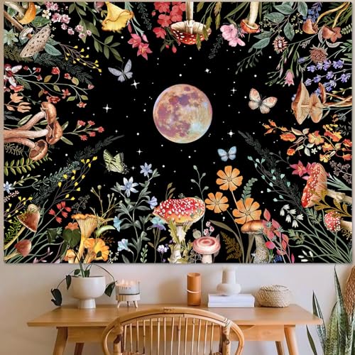 Kanuyee Boho Moon Tapestry Colorful Floral Wall Tapestry, Cute tapestries for Bedroom Ceiling Tapestries Wall Hanging for Bedroom Living Room Decor Moon-2 60"x80" - color: Cloud White, size: 80"L x 60"W