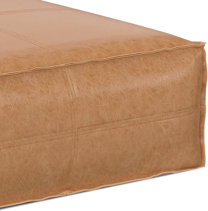 SIMPLIHOME Brody Extra Large Coffee Table Pouf - 36 inch Wide Upholstered Vegan Leather Square Ottoman in Distressed Brown, Boho Footstool, Coffee Table or Extra Seating for Living Room, Assembled