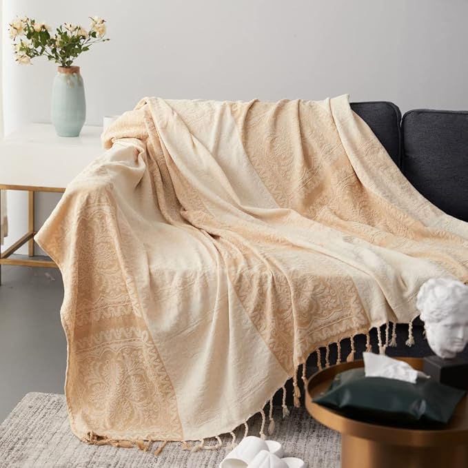 AIVIA Boho Throw Blanket, Chenille Jacquard Bohemian Chair Recliner Furniture Cover Aztec Hippie Throws Loveseat Sofa Blankets (Tan Beige Cream Vintage, 60" x 75")