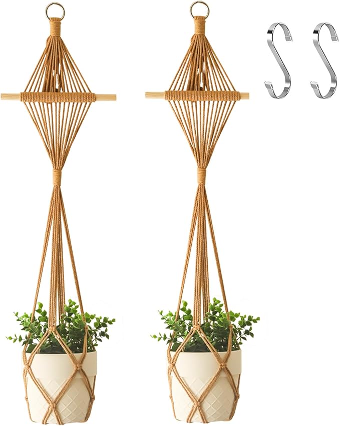 Wooden Dowel & Diamond Macrame Plant Hangers 2 Pack 39 Inch, Handwoven Cotton Rope Plant Holder with S Hooks, Boho Home Decor for Indoor Plants for up to 10in Pot (Caramel Wood Hanger)