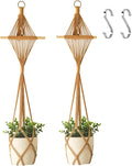 Wooden Dowel & Diamond Macrame Plant Hangers 2 Pack 39 Inch, Handwoven Cotton Rope Plant Holder with S Hooks, Boho Home Decor for Indoor Plants for up to 10in Pot (Caramel Wood Hanger)