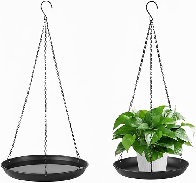 Plant Hanger Indoor Outdoor, 2-Pack Black Metal Hanging Plant Shelf & Window Planter Basket with 9.8/11.8 Inch Trays - Heavy Duty Plant