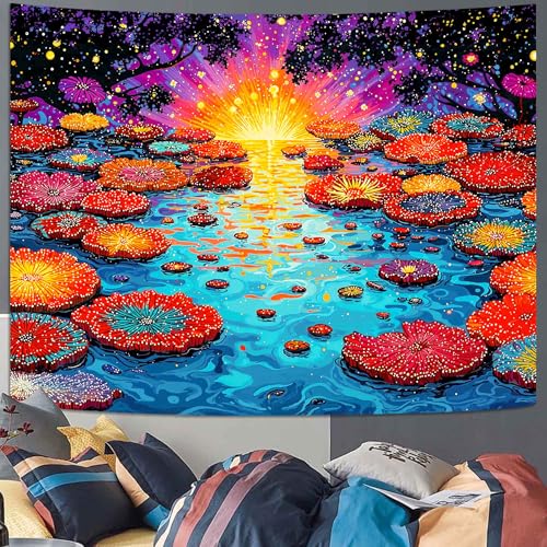Lunerfex Trippy Lotus Pond Sunrise Wall Tapestry, Vibrant Water Lilies Tapestries for Home Decor, Artistic Tapestry 60x44 Inch - color: Golden Yellow, size: 60"L x 44"W