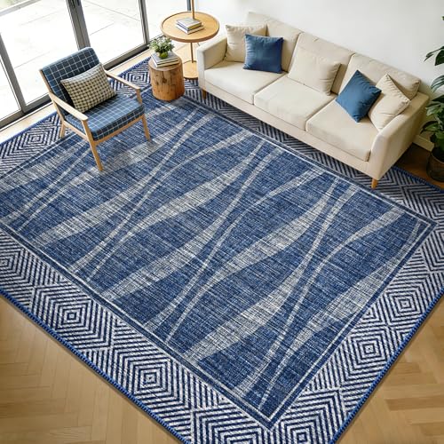 Jute Rug 8x10 Outdoor Patio Rug with Border, Washable Rugs Farmhouse Non Slip Living Room Rugs with Rubber Backing Indoor Outdoor, Non Shedding Carpet for Bedroom, Courtyard, Blue - color: Blue, size: 8'x10'