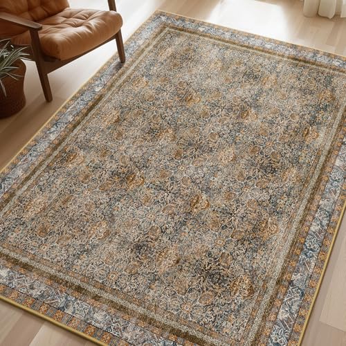 Phantoscope Washable Area Rug 4'x6' Non-Slip, Vintage Neutral Rugs for Living Room, Bedroom, Dining Room, Distressed Boho Floral Medallion Pattern, Low-Pile Foldable Carpet, Brown/Charcoal Spice - color: Brown/Charcoal Spice, size: 4' x 6' (Rectangular)