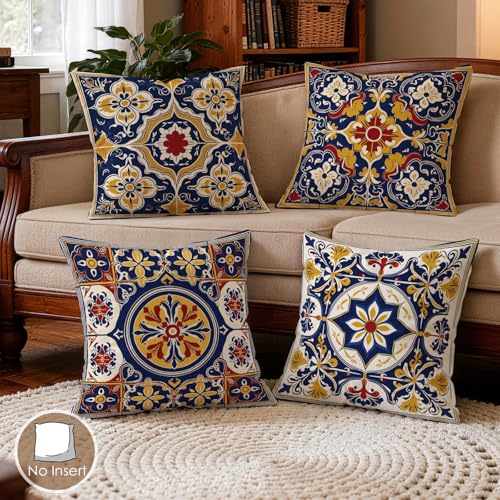 OBSEDE Throw Pillow Covers Set of 4, 18x18 Inch Blue and Yellow Mediterranean Tile Print, Bohemian Floral Decorative Pillow Cases for Sofa Couch Bedroom, Farmhouse Outdoor Home Decor - color: Sicilian Summer, size: 18" x 18" (Pack of 4)