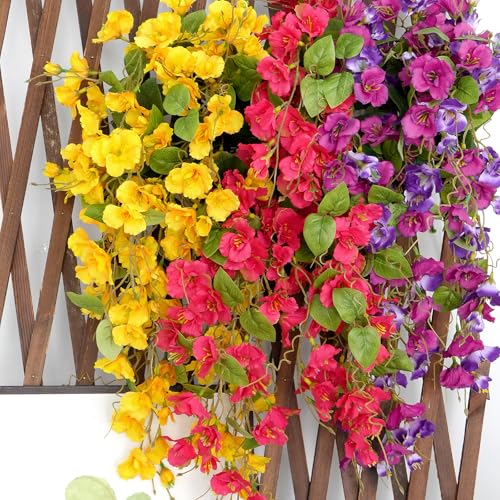 6Pcs Artificial Hibiscus Fake Hanging Flowers, Silk Faux Flowers for Outdoor Planters, UV Resistant Artificial Outdoor Plants for Hanging Baskets, Porches, Patios Decorations (Purple + Red+Yellow) - color: Purple + Red+yellow