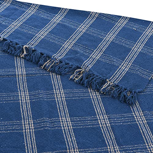 Creative Co-Op Recycled Cotton Blend Throw Blanket with Fringe, Blue Plaid - color: Blue, size: One Size