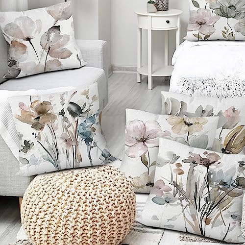 COMMINY Brown White Grey Pillow Covers 16x16 Set of 6, Watercolor Flower Throw Pillow Cover for Couch, Modern Floral Cushion Cover for Sofa Bedroom Living Room Farmhouse Home Decor - color: Modern Flower, size: 16" x 16" (Pack of 6)
