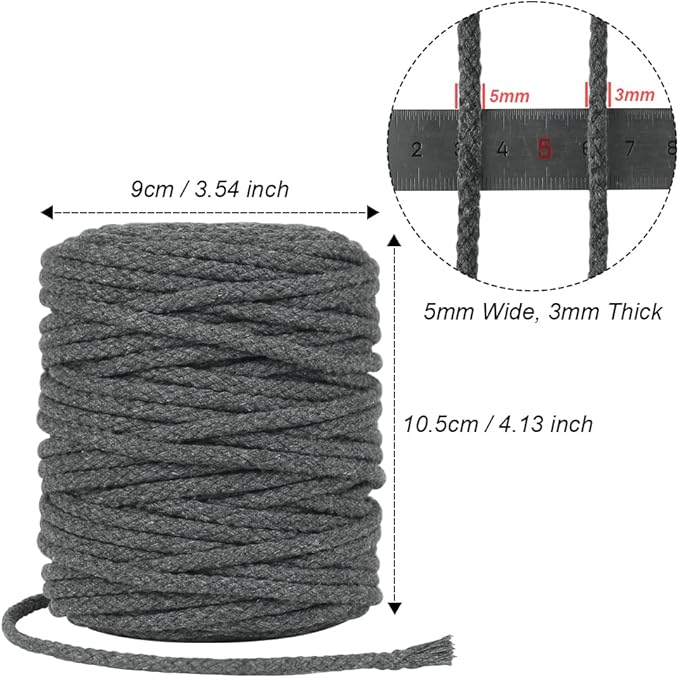 Tenn Well Gray Macrame Cord, 165 Feet 5mm Wide Braided Cotton Rope for Macrame Plant Hangers, Wall Hangings, Drawstring, DIY Crafts