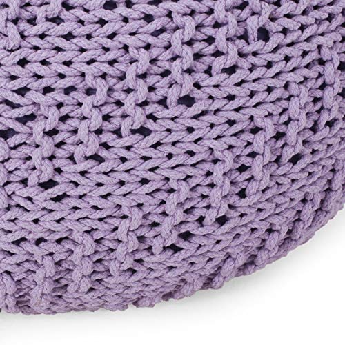 Round Boho Pouf Ottoman - Cable Knitted Cord Boho Pouffe - Stuffed Poof Accent Beanbag Footrest for Living Room - Nursery - Bedroom - Covered Patio - Study Nook (20"x20"x13") (Lavender) - color: Lavender