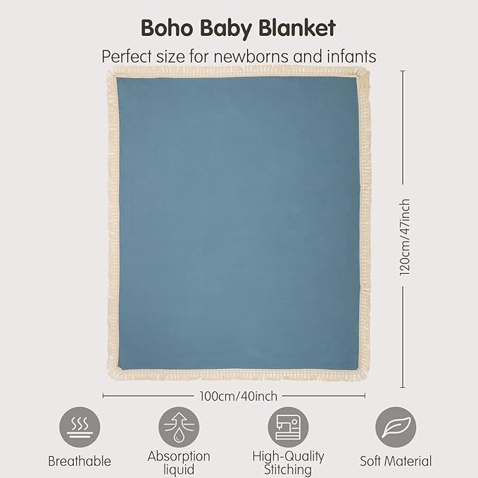 insular Cotton Muslin Baby Blanket with Tassel, Boho Bohemian Muslin Swaddle Blanket Baby Receiving Blanket with Fringe, Nursery Decor Throw or Nursing Blankets, 47" x40”, Blue