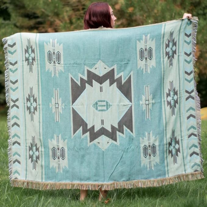 Aztec Throw Blanket Native American Blanket Southwestern Boho Decor Reversible Woven Tassels Mexican Blankets and Throws for Couch Bed Chair Wall Tapestry Livingroom Outdoor Beach Brown 51"x63"