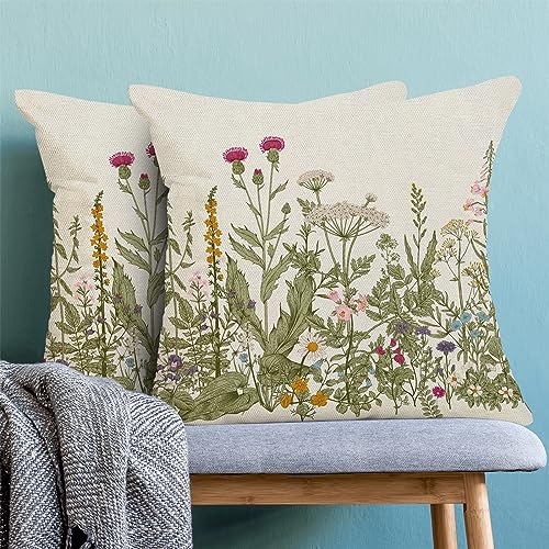 AEIOAE Sage Green Pillow Covers 16x16 Inch Set of 2, Spring Wildflower Plant Throw Pillows Case,Seasonal Floral Outdoor Decorative Flowers Farmhouse Decor Cushion Covers for Home Sofa Bed Couch - color: Wildflowers 01, size: 16" x 16" (Pack of 2)