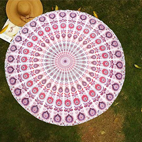 raajsee Mandala Round Beach Tapestry Hippie/Boho Beach Blanket Roundie/Indian Cotton Throw Bohemian Round Table Cloth/Yoga Mat Meditation Picnic Rugs 70 inch Circle (WHITE PINK) - color: WHITE PINK