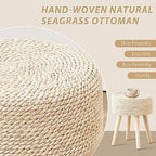 Cpintltr Footstool Ottoman Round Natural Seagrass Foot Stool Pouf Ottomans with Solid Wood Legs Hand Weave Footrest Step Stool for Living Room Bedroom Balcony Garden Natural - color: Natural