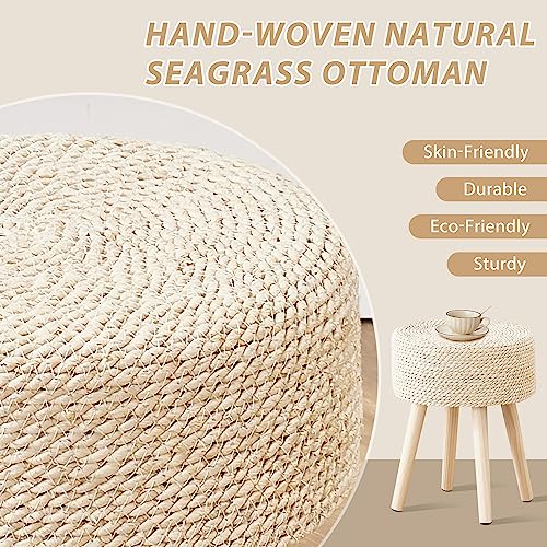 Cpintltr Footstool Ottoman Round Natural Seagrass Foot Stool Pouf Ottomans with Solid Wood Legs Hand Weave Footrest Step Stool for Living Room Bedroom Balcony Garden Natural - color: Natural