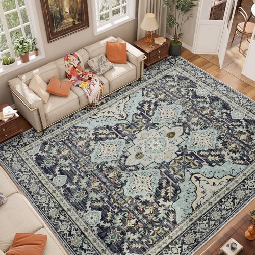 AMTOVO 8x10 Area Rugs for Living Room, Large Non-Slip Washable Rug, Boho Vintage Retro Medallion Print Pattern Carpet for Bedroom Dining Room Home Office Nursery Dorm Farmhouse, Grayish Blue - color: Grayish Blue, size: 8' x 10' (Rectangular)