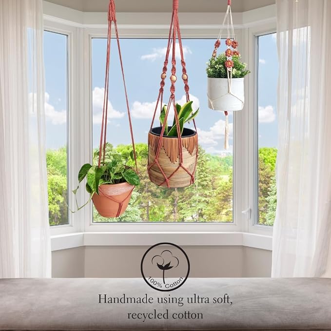 Set of 3 Macrame plant hangers with Daisies & Beads Hanging plant holder Macrame Plant hangers outdoor and indoor hanging planters Plant stand indoor Boho Decor hanging planter stand (Cafe Latte)