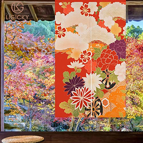 LIGICKY Japanese Style Doorway Curtain Noren Cotton Linen Retro Flowers Printed Window Treatment Hanging Door Tapestry for Home Decoration 33.5" Width x 47.2" Long, Colourful - color: Retro Flowers, size: 33.5"W x 47.2"L (Pack of 1)