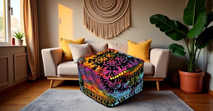 CRAFT KALA Square Mandala Floor Pillow Cushion Cover Seating Throw Cover Hippie Decorative Bohemian Ottoman Poufs Cover Pillow Cases Cotton Living Room Home Décor 22X22X14 inch, Multi U.p Elephant