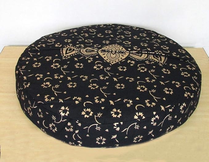 Large Hippie Mandala Round Floor Pillow Cover Ottoman Pouf Cover Daybed Cotton Cushion Cover with Heavy Duty Zipper Seating Ottoman Poufs Dog-Pets Bed 35" (Black Gold Flower, 35" Round)