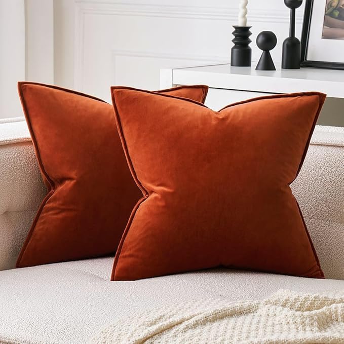 MIULEE Burnt Orange Velvet Throw Pillow Covers 18x18 Soft Decorative Solid Square Cushion Cases Pack of 2 Modern Luxury Home Decor for Couch, Sofa, Bedroom