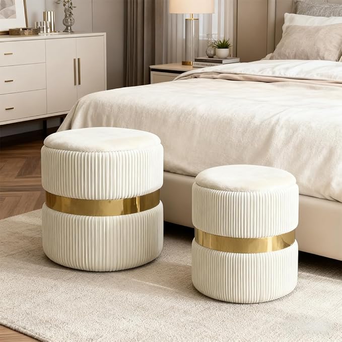 Round Ottoman with Storage Set of 2 Upholstered Velvet Vanity Stool for Living Room Storage Ottomans Multifunctional Foot Rest (White with Middle Gold)