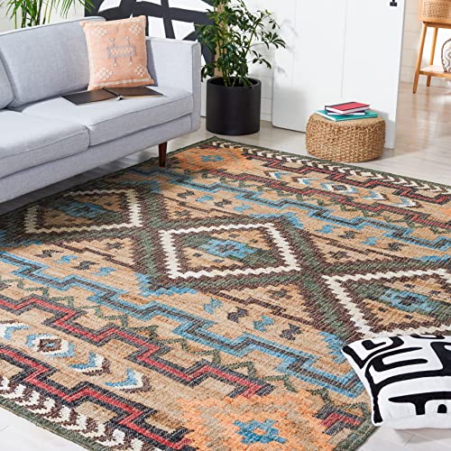 SAFAVIEH Kilim Collection Area Rug - 7' Square, Natural & Blue, Handmade Flat Weave Jute, Ideal for High Traffic Areas in Living Room, Bedroom (KLM760M) - size: 7' x 7' (Square)