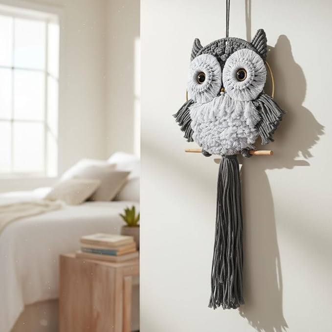 ACEDSGN Macrame Owl Wall Hanging Boho Dream Catcher, Handmade Tapestry Fiber Art Wall Decor for Nursery Bedroom Living Room, Sustainable Gift for Owl Lovers & Nature Fans - Gray