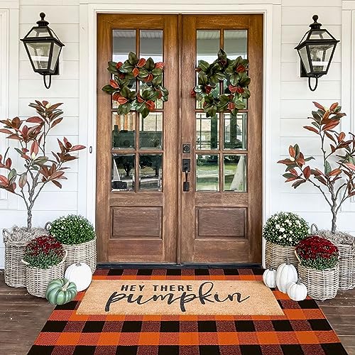 Bottalive Buffalo Plaid Outdoor Rugs, 3'x5' Orange and Black Checkered Indoor/Outdoor Area Rug, Layering Rug for Hello/Welcome Door Mat, Washable Cotton Woven Farmhouse Mat for Fall Front Porch Décor - color: Orange and Black Plaid, size: 3' x 5' (Rectang