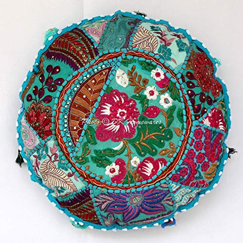 Round Traditional Floor Pillow Adult Bohemian Turquoise Blue 18 Inch Patchwork Living Room Pouf Ottoman Home Decor Embroidered Vintage Cotton Indian Floor Cushion for Kids 45 cm