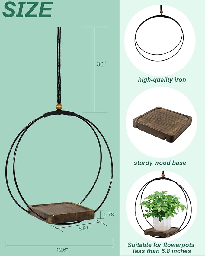 vensovo Hanging Planter for Indoor Plants - 2 Pack Plant Hanger Indoor with Metal Ring and Sturdy Wood Base, Boho Hanging Planter for Wall/Window/Room Decor
