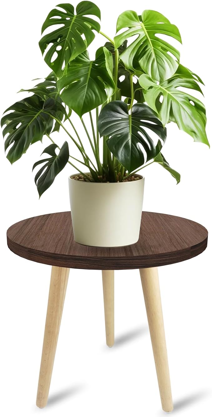 14IN Tall Plant Stand Holder for Indoor Planters, Mid Century Small Round Wood Table for Living Room Corner Floor