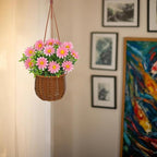 Artificial Daisy Flowers with Hanging Woven Basket, Faux Chrysanthemums in Fake Rattan Planter with Rope, Realistic Floral Arrangement for Home Window Porch Patio Balcony Summer Sweet Decor, Soft Pink