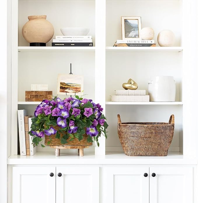 Briful Fake Floral Centerpieces for Tables Artificial Potted Morning Glory Silk Flowers with Woven Rattan Basket Faux Flower Arrangement for Home Office Room Shelf Kitchen Decor(Lavender Purple)