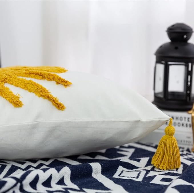 Golden Yellow Sun Woven Tufted Throw Pillow Cover,Boho Ethinc Cozy Cushion Cover for Bedroom Living Room Couch,Regalo para Navidad,18x18 Inches