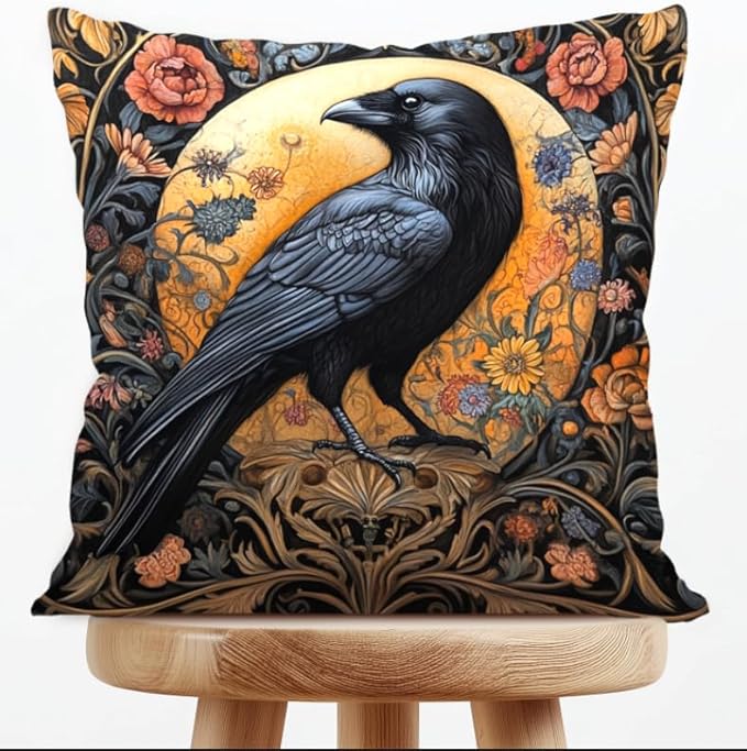 William Morris Abstract Vintage Floral Velvet Black Crow Design Throw Pillow Covers Home Decor, Retro Art Decor Pillowcase Cushion Cover for Bed Sofa Living Room, Square 18x18inch (Black-Crow)
