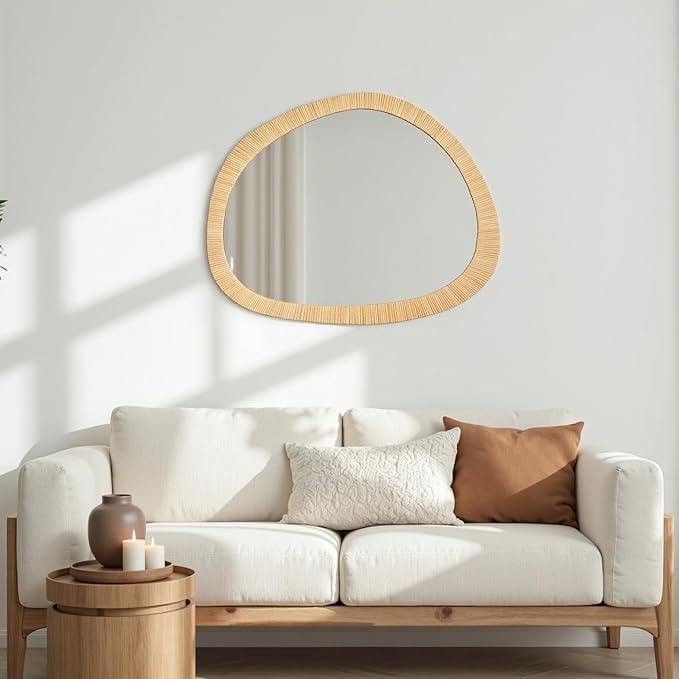 Rattan Mirror for Wall,31.5'' x 25.2" Wooden Framed Farmhouse Boho Wicker Coastal Irregular Vanity Mirror for Bathroom Living Room Entryway