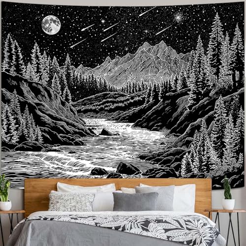 Zussun Black and White Forest Mountain Tapestry for Bedroom Aesthetic Dark Nature Pine Trees Stream Tapestries Wall Hanging Moon and Stars Wall Tapestry for Living Room Dorm 48 × 36 Inch - color: Black Stream, size: 48"L x 36"W