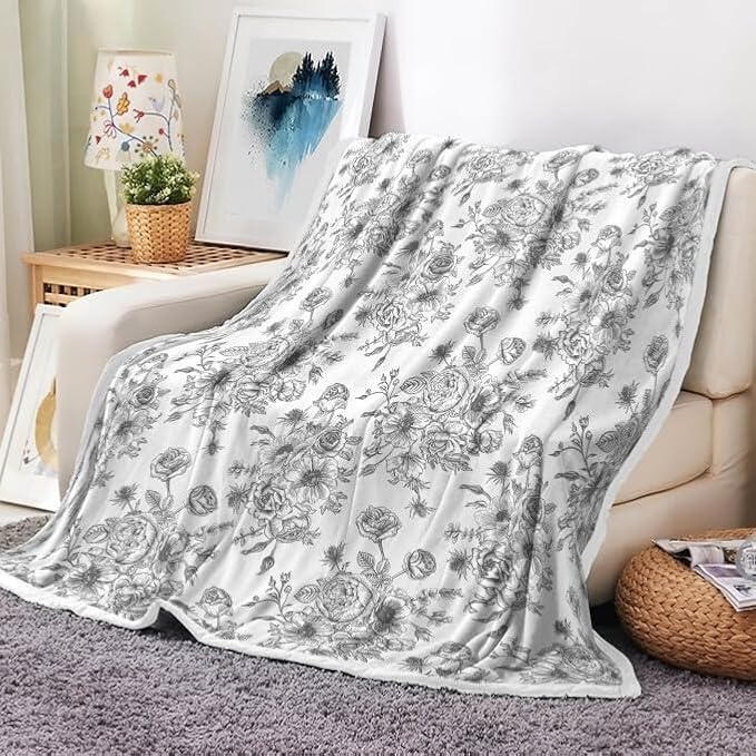 Floral Throw Blanket, Botanical Floral Blanket, Soft, Flannel, Warm, Boho Floral Bed Blanket All Season Flower Throw Blanket for Couch Bedroom Living Room, Gray 60X70 Inch