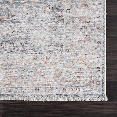 Bloom Rugs Caria Washable Non-Slip 7 ft Runner - Ocean Blue/Brick Traditional Runner for Entryway, Hallway, Bathroom, and Kitchen - Exact Size: 2'6" x 7' - color: Ocean Blue / Brick, size: 2'6" x 7' (Runner)