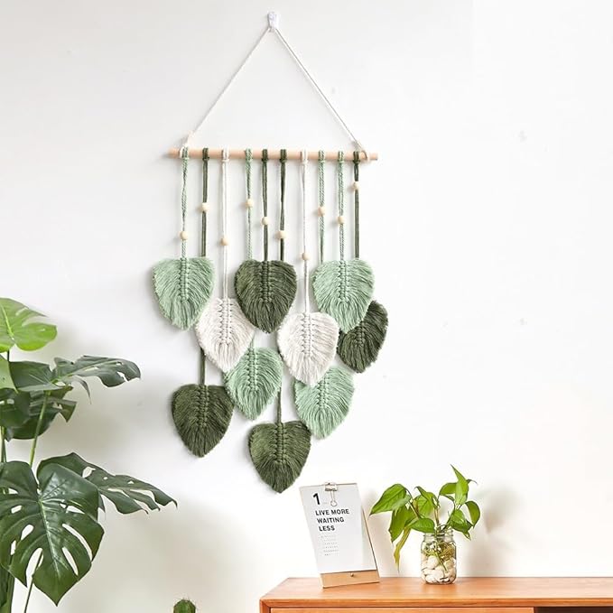 Avoik Macrame Wall Hanging Boho Woven Tapestry Handmade Home Wall Decor Bohemian Leaf Modern Chic Wall Art Green Feather Decorations for Living Room Bedroom Apartment Nursery Farmhouse Backdrop